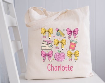 Personalized Kids Tote Bag for Girl Custom Name Tote Bag Coquette School Preschool Kindergarten Book Tote Bag Childrens Name Bag