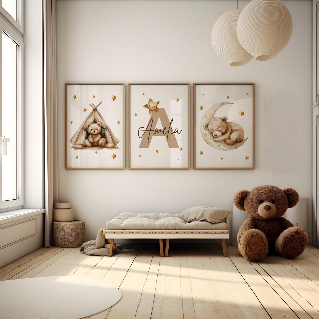 Set of 3 Personalized Teddy Bear Nursery Wall Art, Custom Name Teddy ...