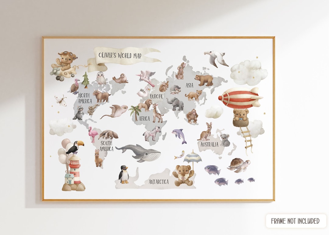Personalized Animal World Map Print, Nursery Map, Kids Poster ...