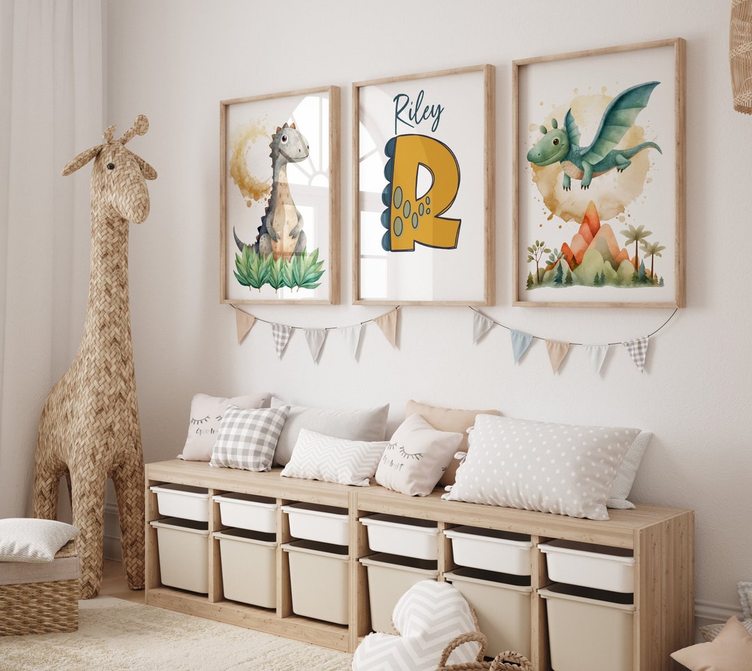 Set of 3 Dinosaur Prints for Kids Room, Personalized Dinosaur Nursery ...