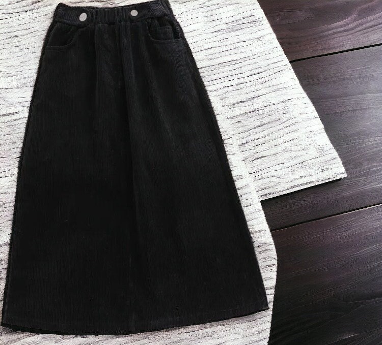 Jupe en velours c?�tel?� pour femme, taille ?�lastique, ligne A, jupe mi-mollet d?�contract?�e 