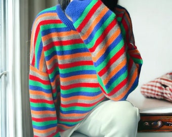 Bunter Langarmpullover, mehrfarbiger Pullover, Pullover für Winter und Herbst, Kaschmirpullover, Pullover in Einheitsgröße, warme Kleidung, gestreifter Pullover.