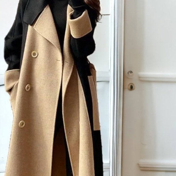 Manteau long en laine pour femmes, veste surdimensionnée coréenne élégante, vêtements d'extérieur à boutonnage pour dames, automne, hiver.