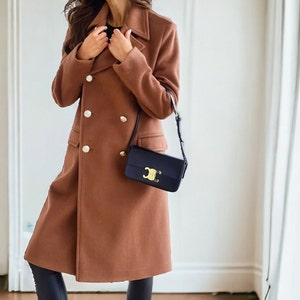 Double Breasted Lapel Long Sleeve Coat, Wool Coat, Solid Color Slim Coat, Polyester Coat, Means Winter Weather.