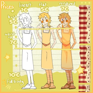 May include: Illustration of a character in three different art styles: lineart, flat, and rendered. The character is wearing a yellow dress and striped socks. The image includes text indicating prices for different drawing options.