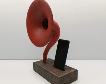 Handcrafted Wooden Acoustic Gramophone Speaker, Elegant Gold Metal Detail, Mother's day gift