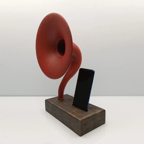 Handcrafted Wooden Acoustic Gramophone Speaker, Elegant Gold Metal Detail, Mother's day gift