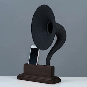 Acoustic Gramophone Speaker, Audio Phone Dock Speaker, Wooden Body Black Metal Head, Handmade Gif, Mother's day gift