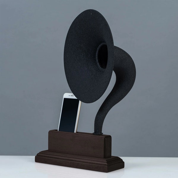 Acoustic Gramophone Speaker, Audio Phone Dock Speaker, Wooden Body Black Metal Head | Handmade Gif