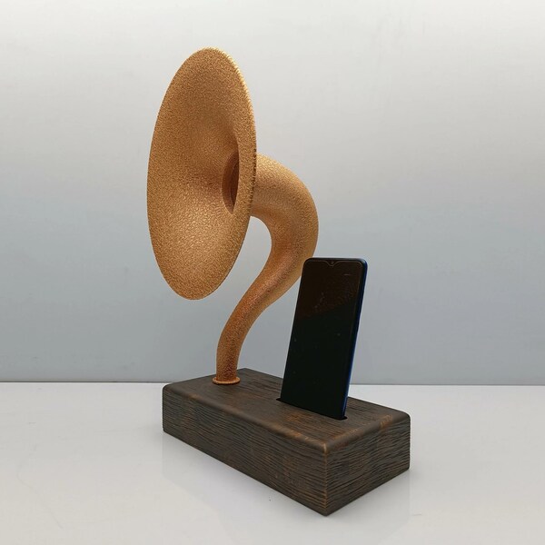 Gramophone acoustique, Tête en métal jaune foncé, Enceinte pour téléphone, Enceinte décorative, Enceinte passive pour iPhone, Cadeau pour la fête des Mères