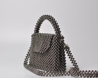 Metallic Beaded Handbag, Beaded Metallic Crossbody Bag, Metal Beaded Bag