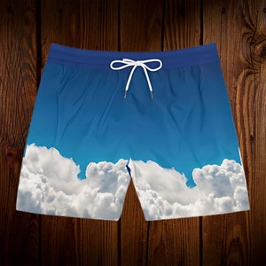 Mens Cloud Swim Shorts Sky Print Swim Trunks for Him Beach Shorts Summer Vacation Gift for Boyfriend Chill Pool Swimwear Blue Aesthetic