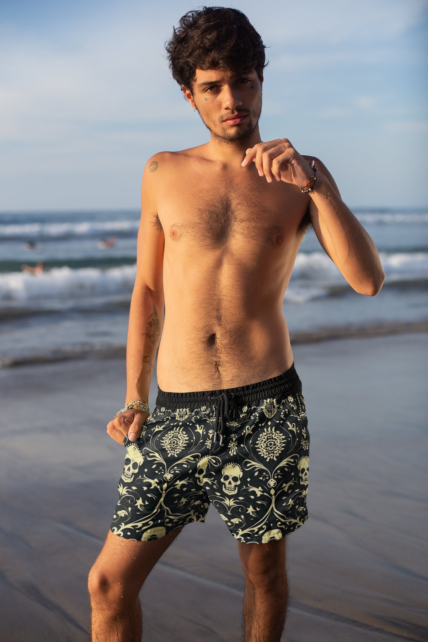 Short De Bain Homme Motif Tête De Mort & Roses - Style Gothique Noir & Blanc - Taille Élastique Cordon