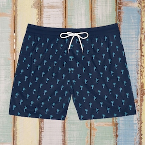 Mens Swim Shorts Navy Swim Trunks Palm Tree Pattern Mens Beachwear Tropical Vacation Gift for Him Board Shorts