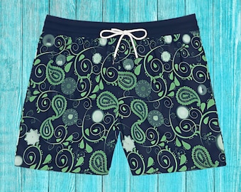 Men's Swim Trunks: Blue Green Paisley Mid-Length Shorts