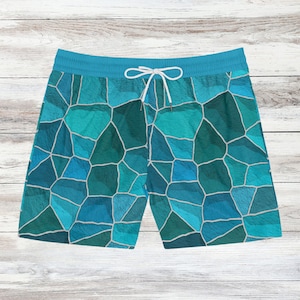 Mens Beach Glass Swim Trunks Stained Glass Swim Shorts Coastal Blue Swimwear Gift for Him Ocean Summer Vacation Outfit for Men