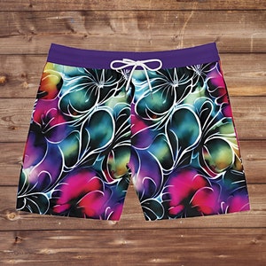Mens Floral Swim Shorts Bold Beach Shorts for Him Colorful Summer Trunks Tropical Vacation Swimwear Gift for Boyfriend
