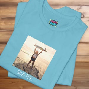 Vintage Skater Girl Graphic Tee: Blue Cotton Skateboarder Shirt