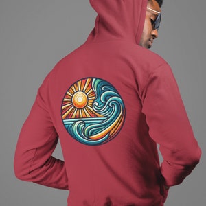 Beach-Inspired Hoodie - Pullover Hoodie with Sun and Waves Design in Antique Cherry Red