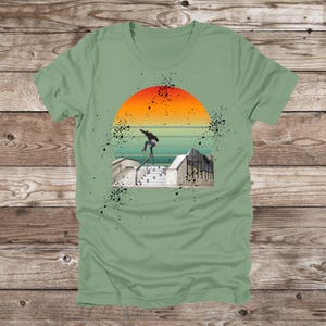 Retro Skateboard Shirt Gift for Skater Vintage Skate Graphic Beach Sunset Design Cool Skate Park Shirt Sage Green