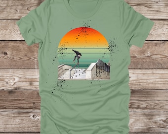 Retro Skateboard T-Shirt: Vintage Sonnenuntergang Grafik, Salbeigrünes T-Shirt