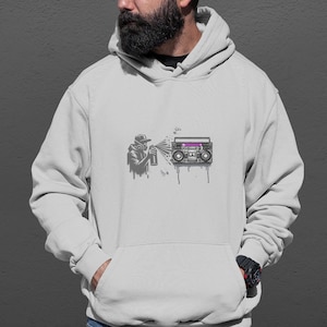 Sport Gray Graffiti Hoodie with Boom Box, Urban Streetwear, Unisex Art Hoodie