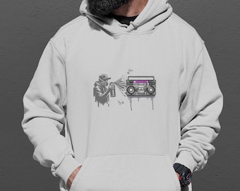 Sudadera con capucha y equipo de música con grafiti en gris deportivo, ropa urbana, sudadera con capucha unisex con arte