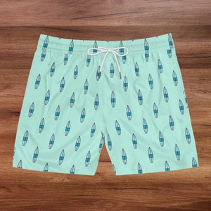 Men&#39;s Swim Shorts Surfboard Print Swim Trunks Light Blue Quick-Dry Beach Shorts Mens Bathing Suit