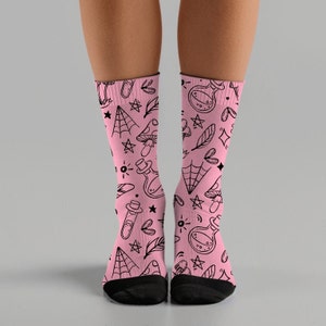 Pink Gothic Doodle Print Socks - Feminine Gothic Cushioned Crew Socks for Women and Men | The Hollywood Betty Collection