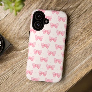 Pink Bow Tough Phone Case Cute Protective Case for iPhone Samsung and Google Pixel Durable Dual Layer Case with Glossy or Matte Finish