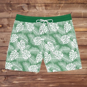 Groene heren zwemshort tropische bladprint zomer zwembroek palmprint strandshort lichtgewicht resortkleding met zijzakken