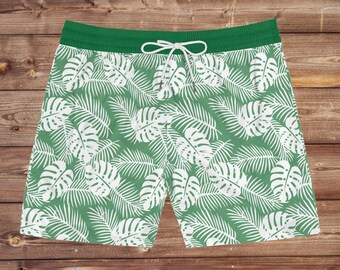 Men's Tropical Leaf Print Swim Shorts: Lightweight Mid-Length Trunks