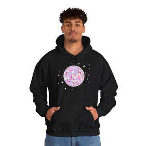 Pink Disco Ball Graphic Unisex Black Hoodie With Disco Ball Retro Hoodie