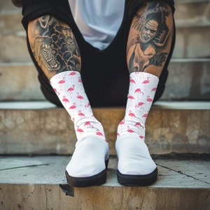 Flamingo Print Crew Socks: Unisex White Casual Socks