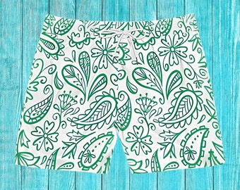Men's Green Floral Swim Trunks: Botanical Print Swim Shorts
