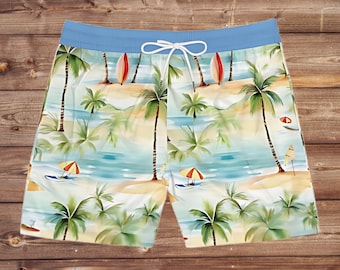 Men's Tropical Beach Print Swim Shorts: Lightweight Relaxed Fit