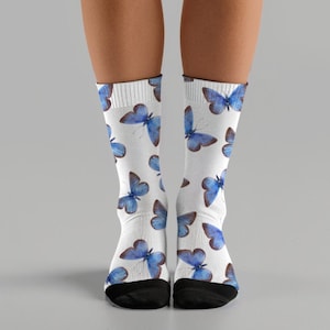 Butterfly Socks Blue Butterflies Print Socks Nature Inspired Animal Lover Socks Butterfly Lover Gift Cushioned Crew Socks
