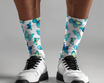 Butterfly Socks Unisex Cushioned Crew Socks with Blue Butterfly Pattern Gift for Butterfly Lover