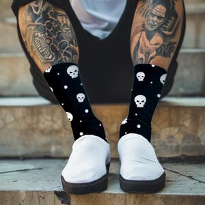 Skull Print Crew Socks: Gothic Black and White Polka Dot Socks