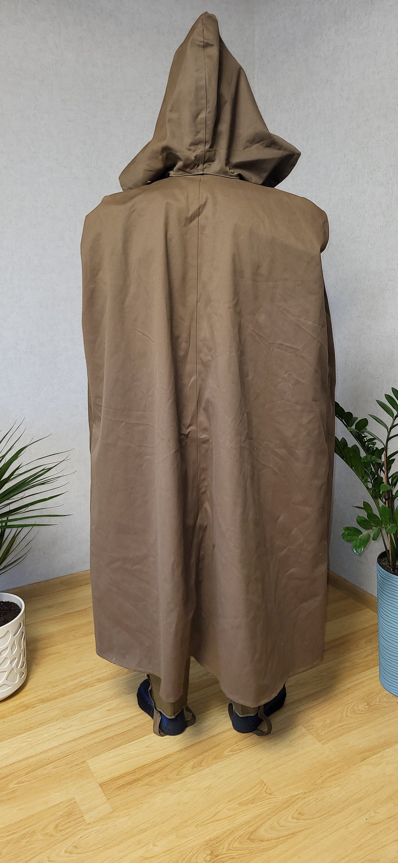 Brown Rubberized Hooded Rain Cape, Long Waterproof Cloak, 1980s