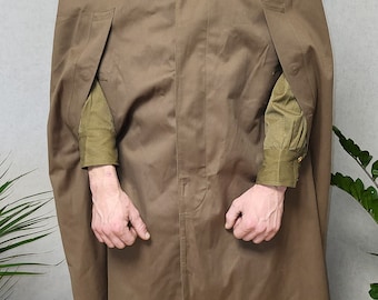 Brown Rubberized Hooded Rain Cape, Long Waterproof Cloak, 1980s
