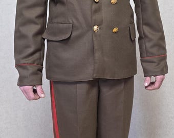 Vintage Khaki Tailored Suit Set with Double Red Stripe Trousers