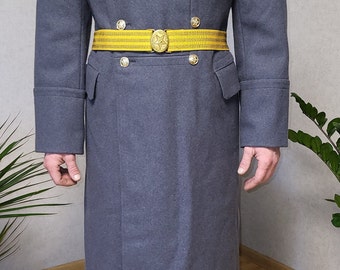 Vintage Gray-Blue Wool Dress Coat, Belted Long Coat, Classic Old-Era Style