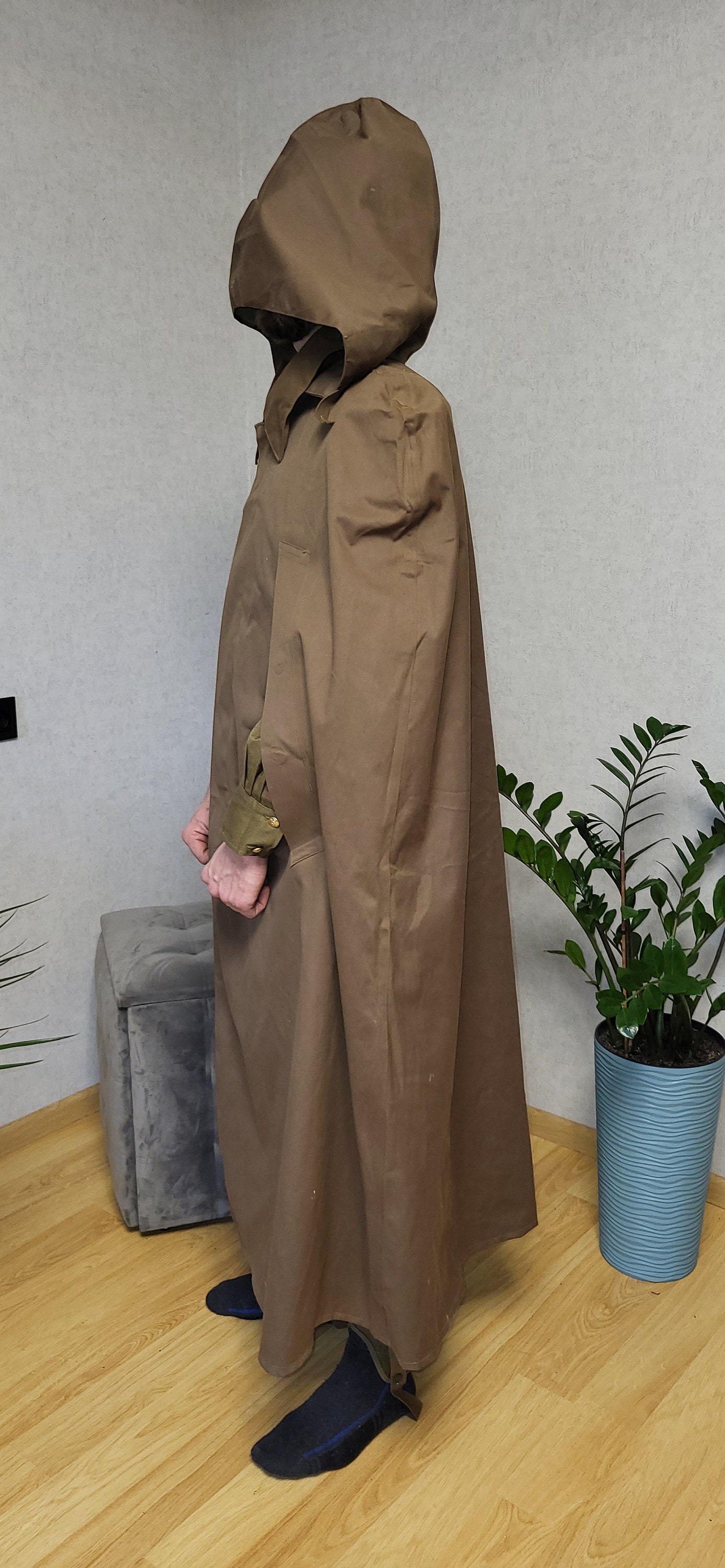 Brown Rubberized Hooded Rain Cape, Long Waterproof Cloak, 1980s