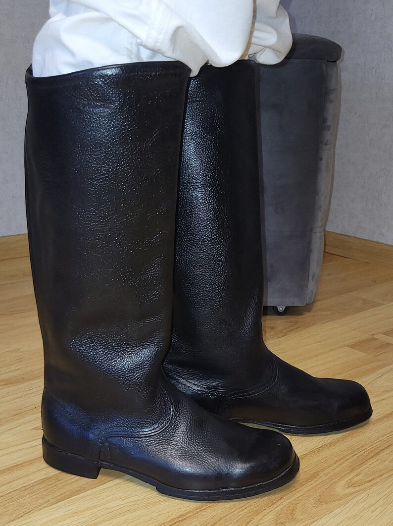 Tall Black Leather Boots With Leather Sole, Classic High Boots, Retro Old-Era Mens Footwear image 6