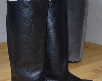 Tall Black Leather Boots With Leather Sole, Classic High Boots, Retro Old-Era Mens Footwear