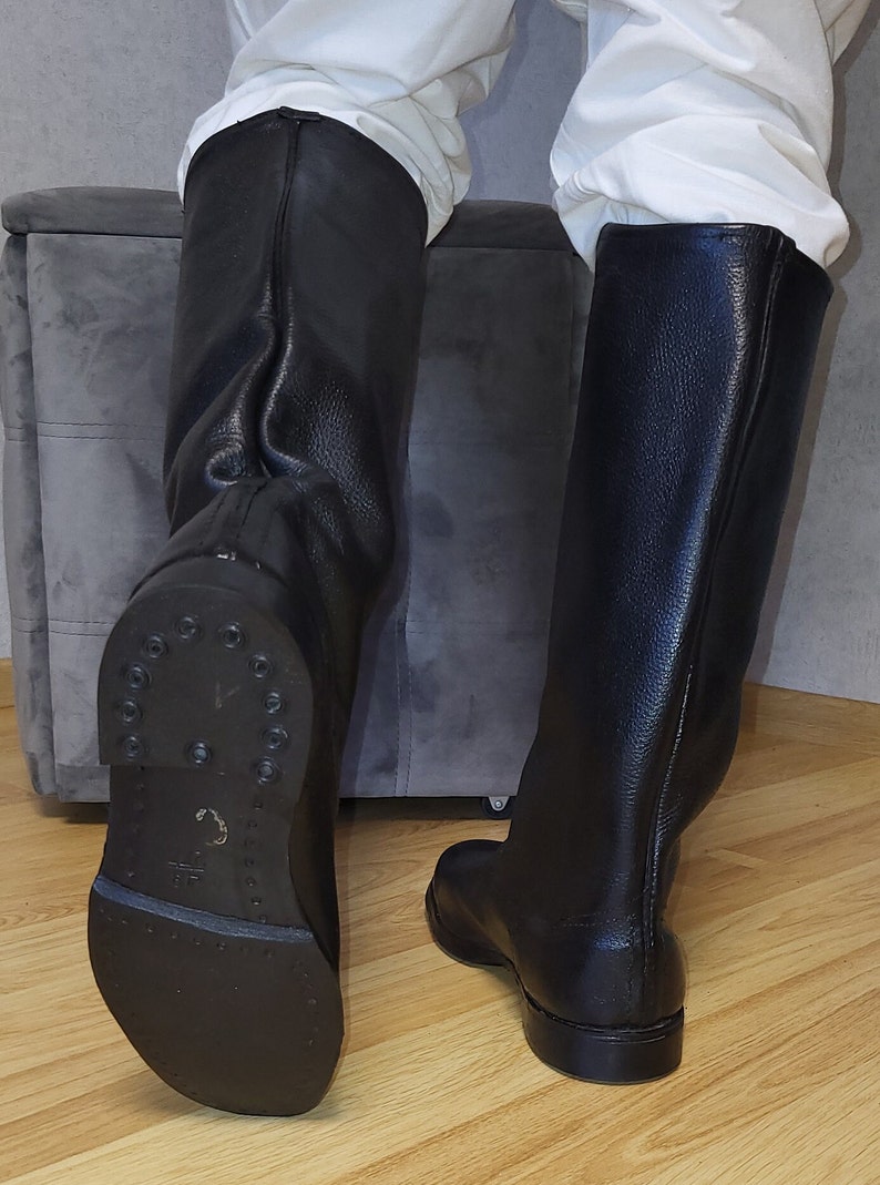Tall Black Leather Boots With Leather Sole, Classic High Boots, Retro Old-Era Mens Footwear image 2