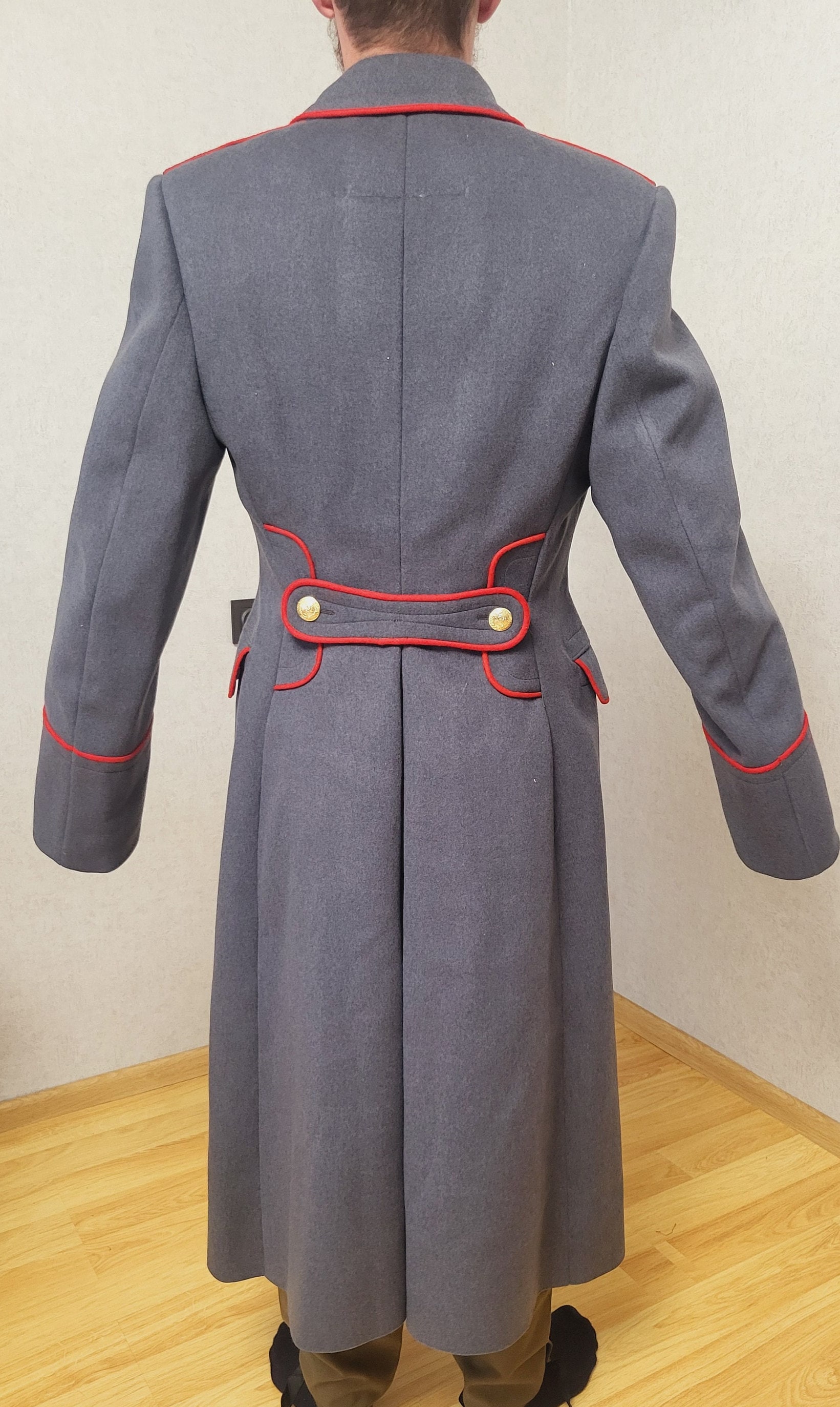 Long Wool Winter Coat With Red Trim, Double Breasted Overcoat