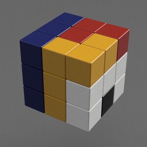 May include: A cube constructed from smaller blocks in various colours. The cube is composed of 27 blocks, with 9 blocks on each side. The blocks are arranged in a pattern of blue, yellow, red, white, and black.
