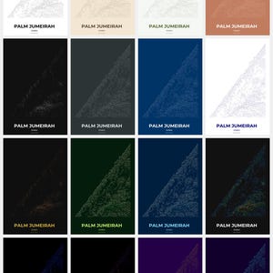 Puede incluir: Una colección de carteles con un dibujo lineal detallado de Palm Jumeirah en Dubái. Cada cartel tiene un color de fondo diferente, incluyendo blanco, beige, marrón, negro y tonos de azul, verde y morado. El texto "PALM JUMEIRAH DUBAI" está en la parte inferior.